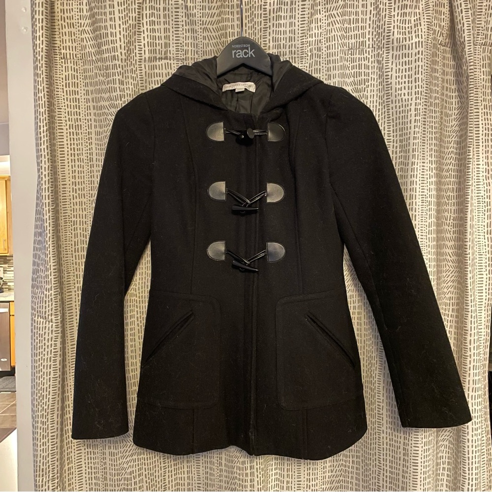 New York & Co black single breasted zip hooded wool blend peacoat size xsmall